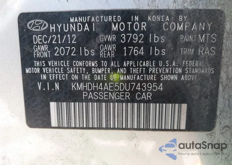 2013 Hyundai Elantra Gls из США, поврежденный, VIN KMHDH4AE5DU743954